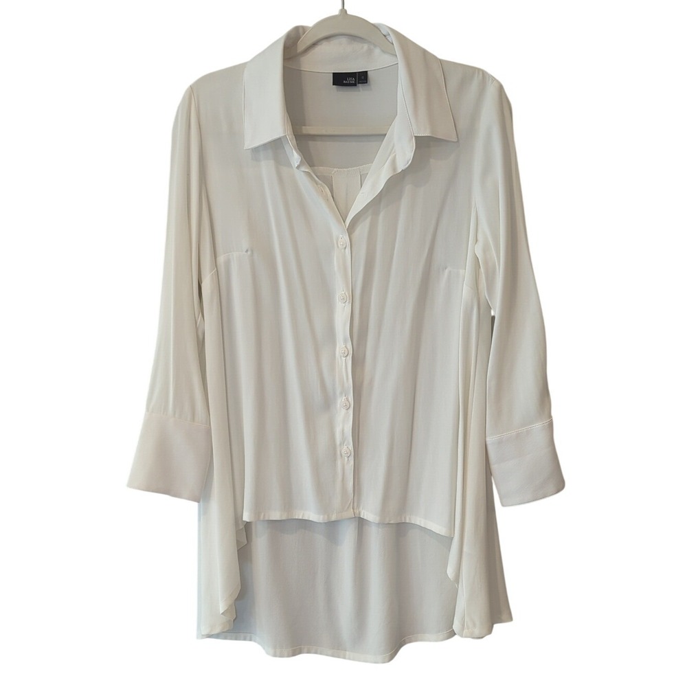 Lisa Bayne White Button‎ Up High Low Hem size Small Petite Tencel Lyocell